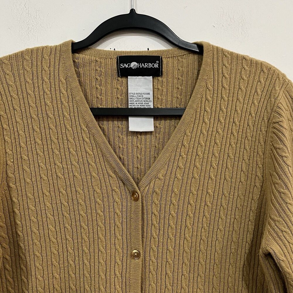 Sag Harbor Tan Cable Knit Sweater Size Small Button Front Preppy Twee - Picture 2 of 4